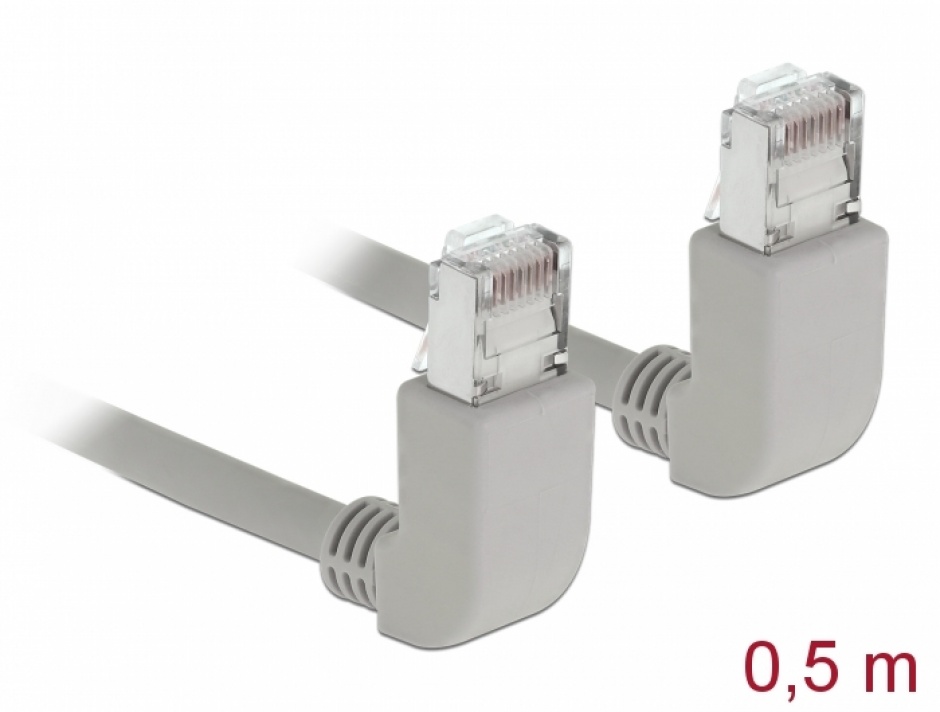 Cablu de retea RJ45 cat 6A S/FTP unghi sus 0.5m Gri, Delock 83513 conectica.ro